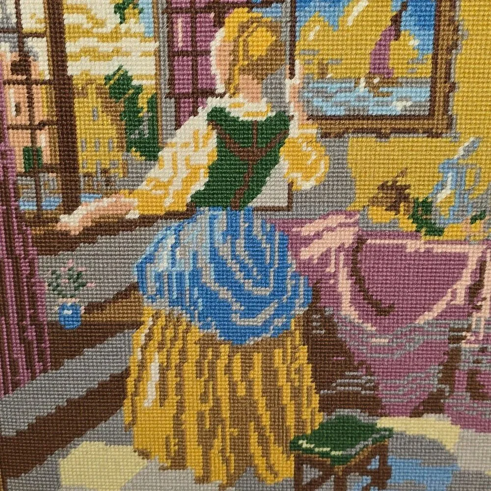 Vintage Framed Needlepoint Of Woman/Girl Looking out Window Large 23x20 Inches - Picture 11 of 11